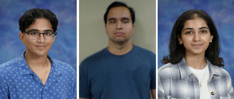 Oswego East High School National Merit Scholarship competition semifinalists, from left, Arjun Ramesh, Nicholas Rondon and Aanya Roy.