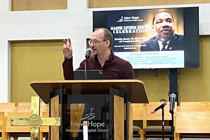 The Rev. Eric Ogi, pastor of The Federated Church of Sycamore, reads excerpts from "Letter from Birmingham Jail," written by the Rev. Martin Luther King, Jr., on April 16, 1963. Ogi's recitation was part of an annual MLK Day celebration held on Monday, Jan. 20, 2025, at New Hope Missionary Baptist Church, 1201 Twombly Road, DeKalb.