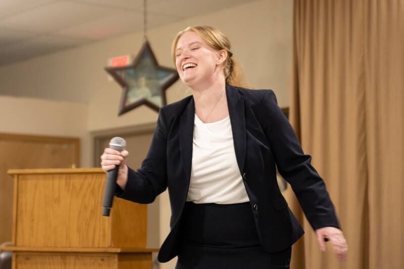 Bureau County Coroner Candidate Alexandria “Lexi” Wamhoff laughs at debate on Wednesday, October 2, 2024 at Moose Lodge in Princeton.