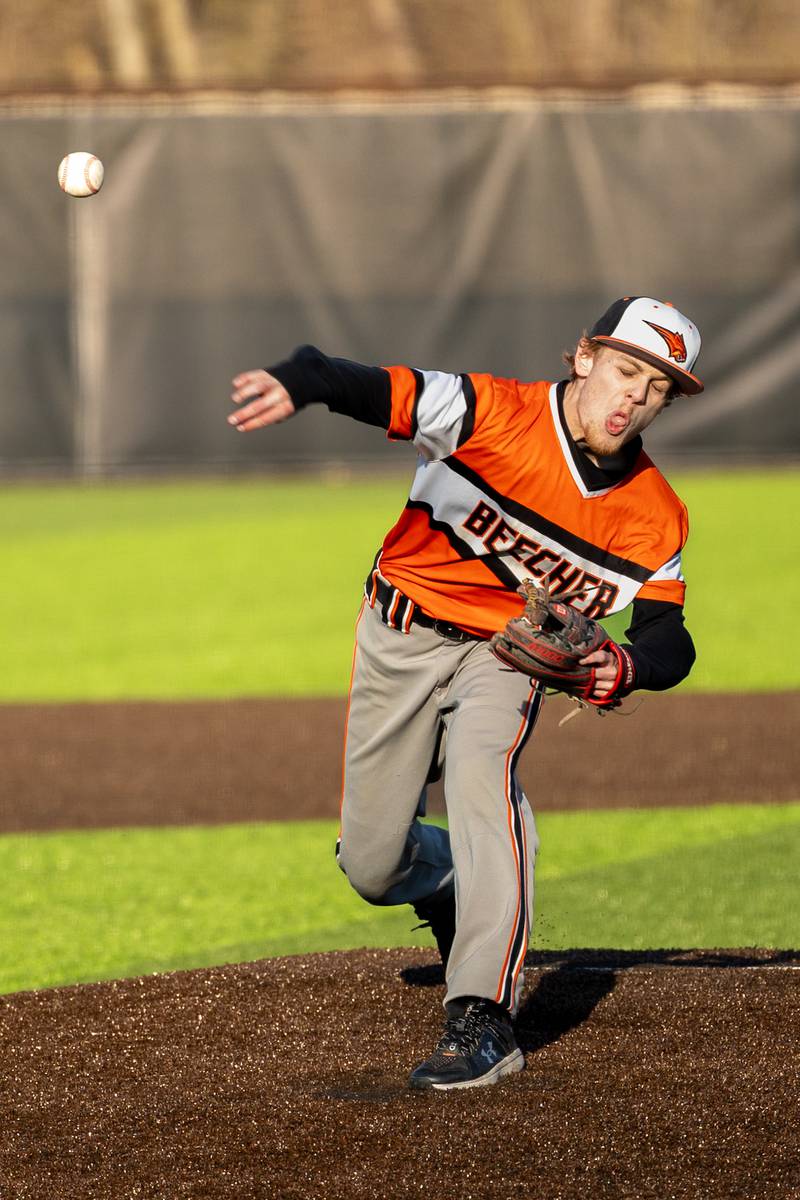 Nolen Lane (34) of Beecher pitches on Friday, April 11, 2025 at Seneca High School in Seneca.