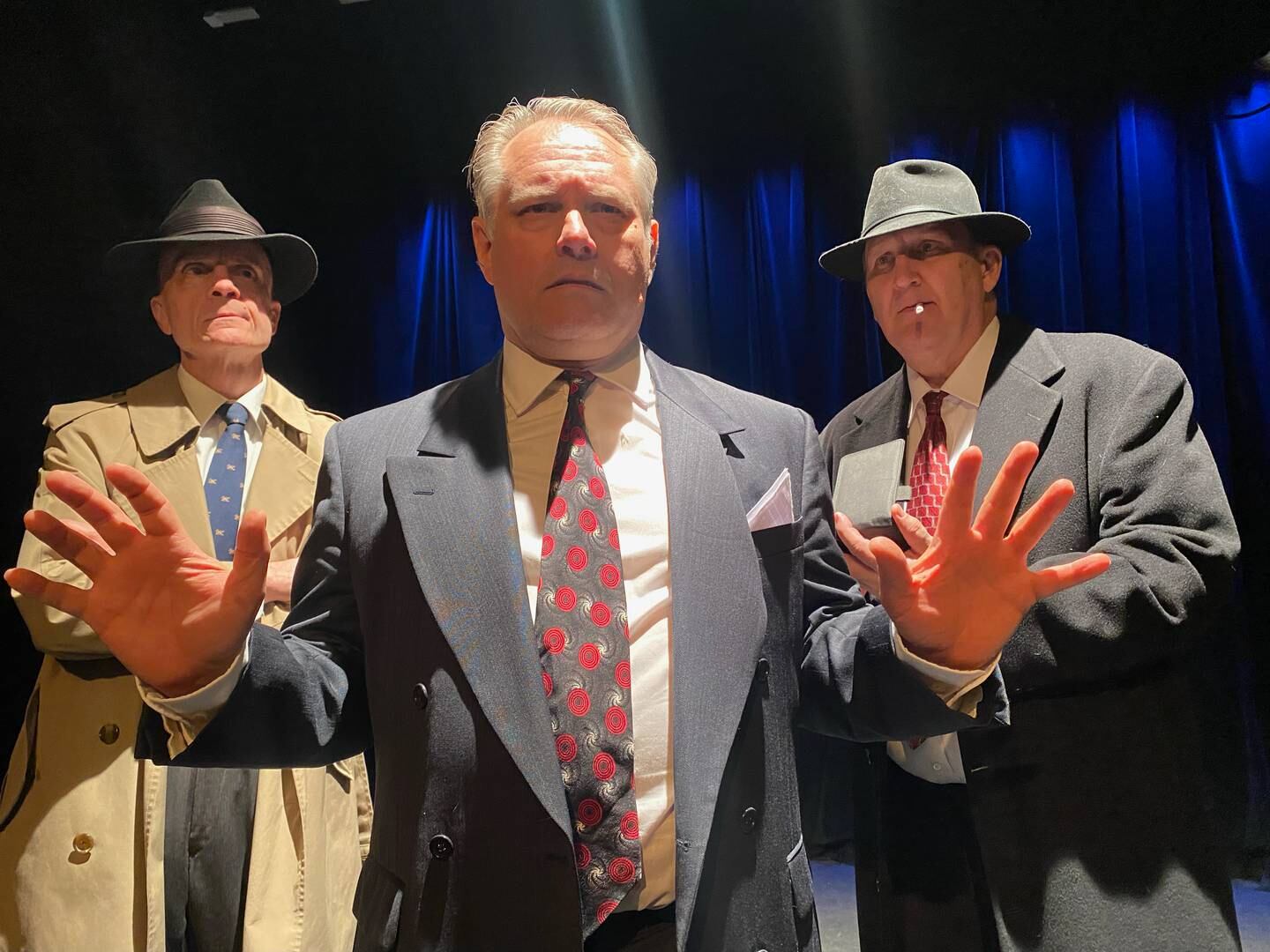 DOA at Steel Beam Theatre: Mike Speller (l) as the Captain, Dean Gallagher (Frank Bigelow) and Paul Anderson (Detective Lewis).