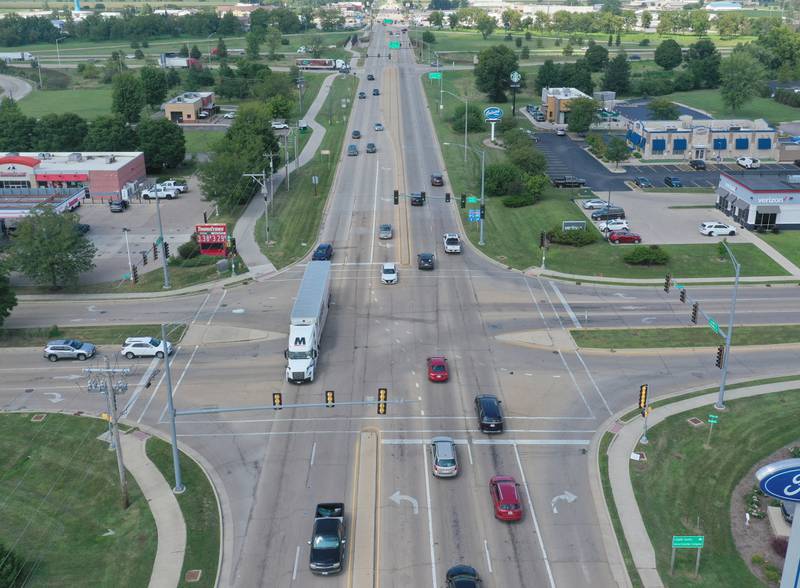 An aerial view of the intersection of Illinois Route 23 and Etna Road  on Friday, Aug. 15, 2025 in Ottawa. The intersection sees some of the most accidents in the City of Ottawa.