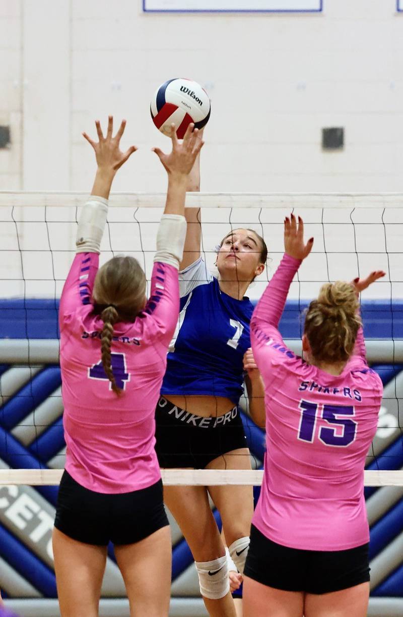 Princeton senior Kathy Maciczak takes a swing against Mendota's Kaylie Denault and Elana Koch Tuesday night at Prouty Gym. The Tigresses won 25-15, 25-12.