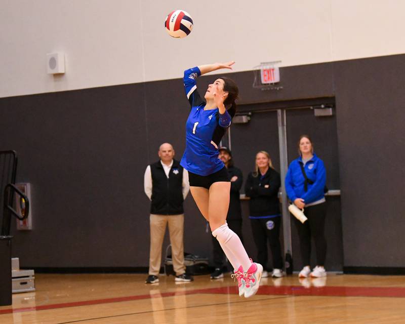 Geneva's Alyssa Stevenson (1) serves the ball during the sectional title game on Thursday Nov. 6, 2025; while taking on Nazareth Academy held at Timothy Christian High School.