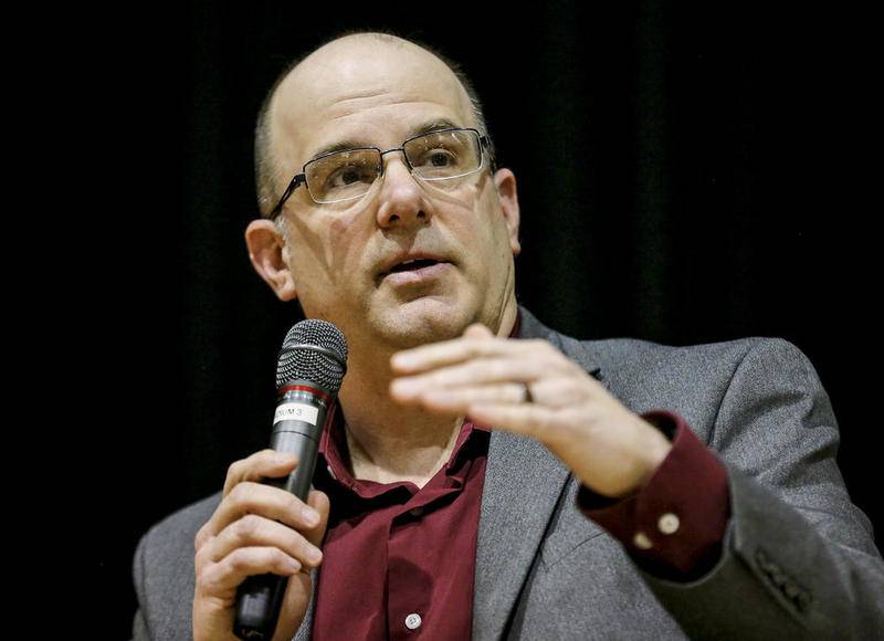 Illinois State Rep. Mark Batinick (right) speaks with more than 100 students from Plainfield Central High School on Wednesday, March 14, 2018, during a forum on school safety at Plainfield Central High School in Plainfield, Ill.