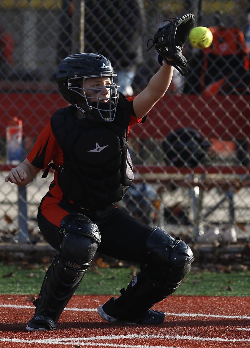 Crystal Lake Central's Giada Motto catches the ball during a nonconference softball game Wednesday March 16, 2022, between Crystal Lake Central and Richmond-Burton at Lippold Park in Crystal Lake.