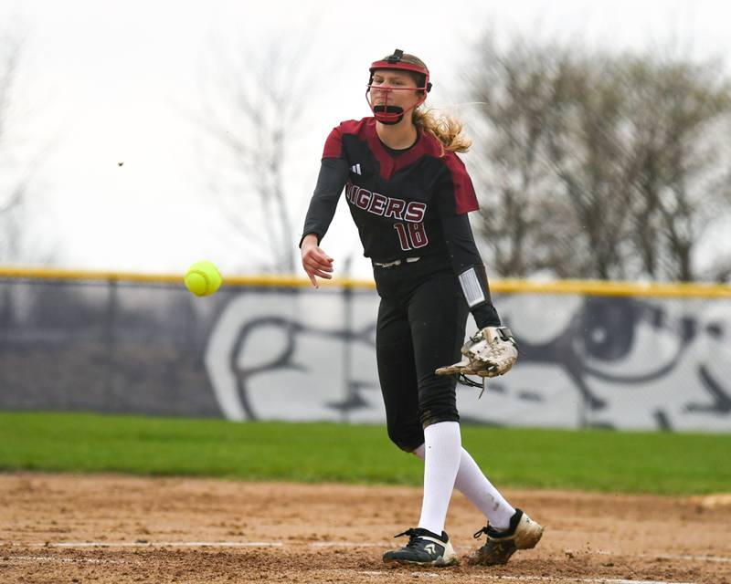 Plainfield North's Reagan Novak (18) pitches during the game on Thursday April 17, 2025, while travailing to take on Oswego East.