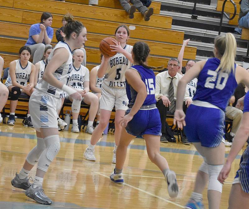 Bureau Valley's Kate Salisbury eyes a 3-point shot  in the second half of Thursday night's game at the Storm Cellar against Princeton. The Tigresses won 54-52 on a last-second shot by Camryn Driscoll.