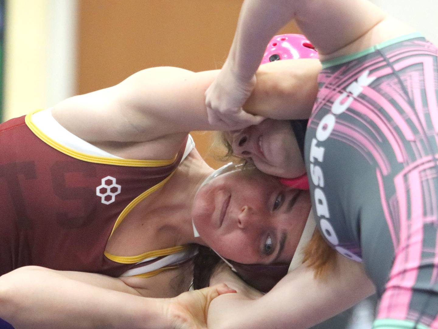 Richmond-Burton’s Breanna Warren, left, battles Woodstock’s Kyla Hayes at 120 pounds in Whip-Pur Women’s Classic varsity girls wrestling on Saturday, Dec. 20, 2025, at Hampshire High School in Hampshire.