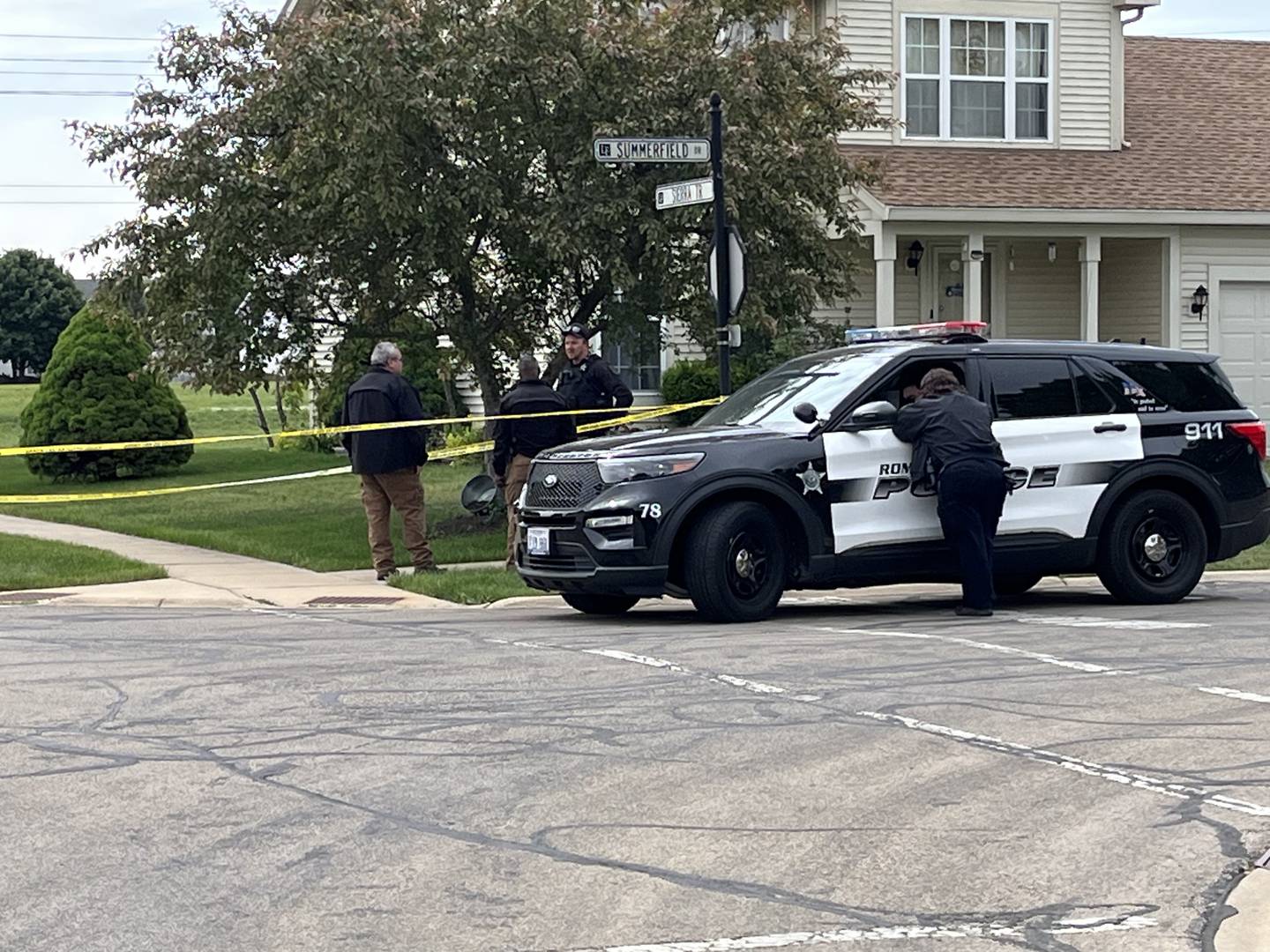 Officers at the intersection of Sierra Trail and Summerfield Drive in Romeoville on Thursday, May 25, 2023. A suspect was apprehended in a shooting that wounded a Romeoville police officer.