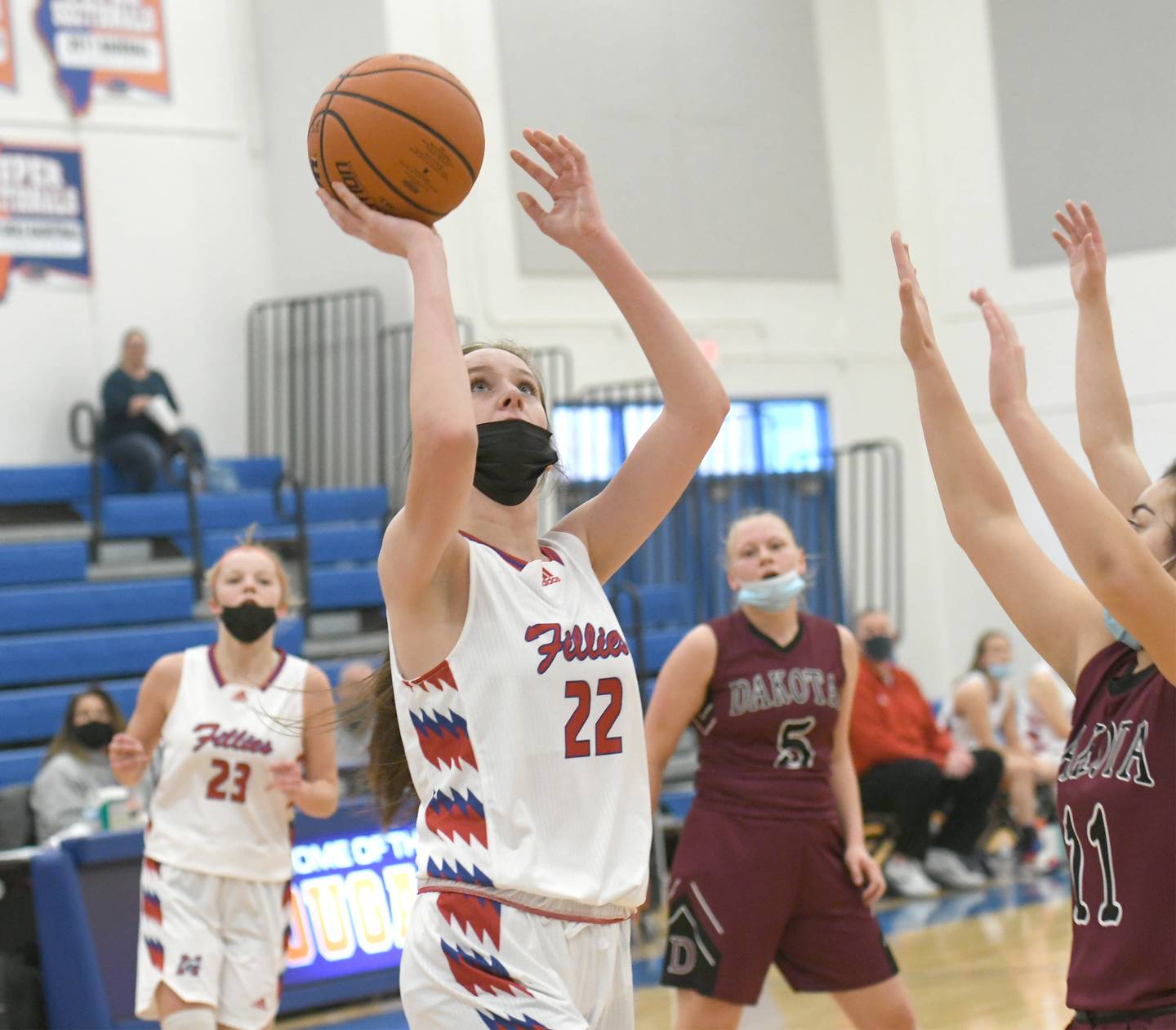 Morrison's Shelby Veltrop drives to the basket during Saturday's Northwest Illinois Girls' Shootout at Eastland High School. Shelbyn scored 20  points in Morrison's 56-38 win.