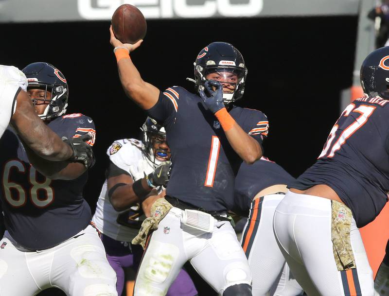 Chicago Bears quarterback Justin Fields looks for receiver during their game against the Baltimore Ravens Sunday, Nov. 22, 2021, at Soldier Field in Chicago.