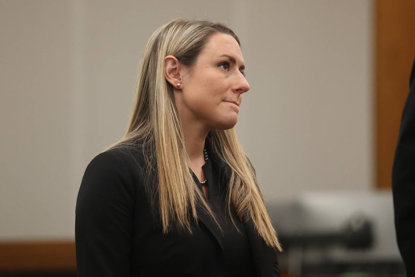 Will County Assistant State's Attorney Tricia McKenna talks with a member of her team at the trial of Jermaine Mandley, 47, of Bolingbrook, at the Will County Courthouse on Thursday, Aug. 17, 2023 in Joliet. Mandley is on trial for the alleged shooting of Maya Smith, 24, in June 2022.
