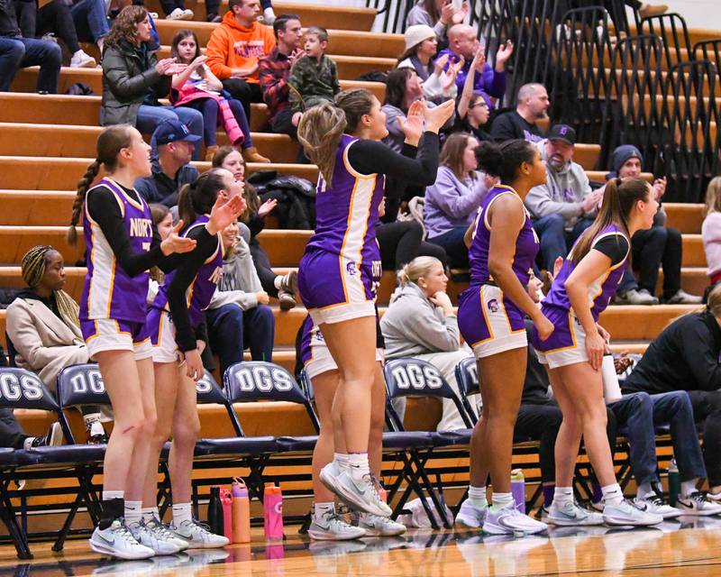 Downers Grove North celebrates after teammate Lauren Olson makes a three point basket while traveling to take on Downers Grove South at Downers Grove South High School.