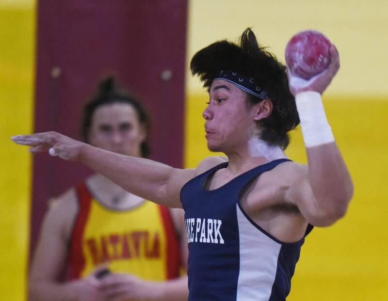 Lake Park’s Lucah Jones throws the shot put during the DuKane boys indoor track meet at Batavia High School Saturday.
