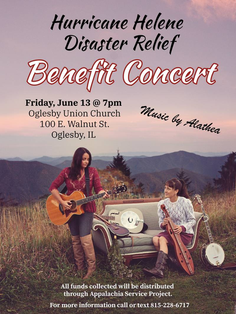 The award-winning  folk/gospel group ALATHEA will perform a pair of benefit concerts at 7 p.m. Friday, June 13 at Oglesby Union Church and at 7 p.m. Saturday, June 14 at First Presbyterian Church, Henry. A free-will offering will be collected at both events to aid victims of Hurricane Helene. ALATHEA also will perform at 1 p.m. Sunday, June 15 at Oglesby Summer Fun Fest.
