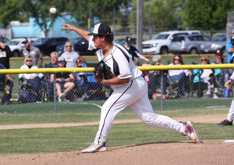 Sycamore's Matthew Rosado delivers a pitch during their Class 3A sectional semifinal against Wheaton Academy Wednesday, May 29, 2024, at the Sycamore Community Sports Complex.