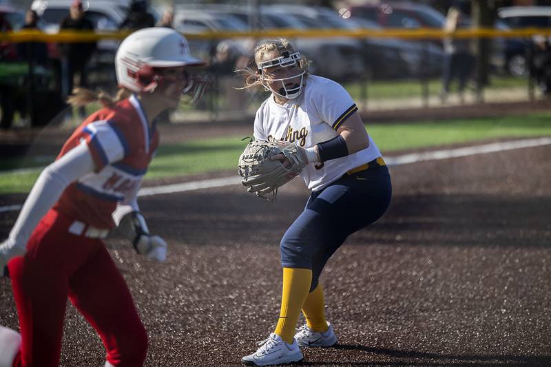 Sterling’s Ellie Leigh fields a bunt for an out against Morrison Wednesday, April 26, 2023.