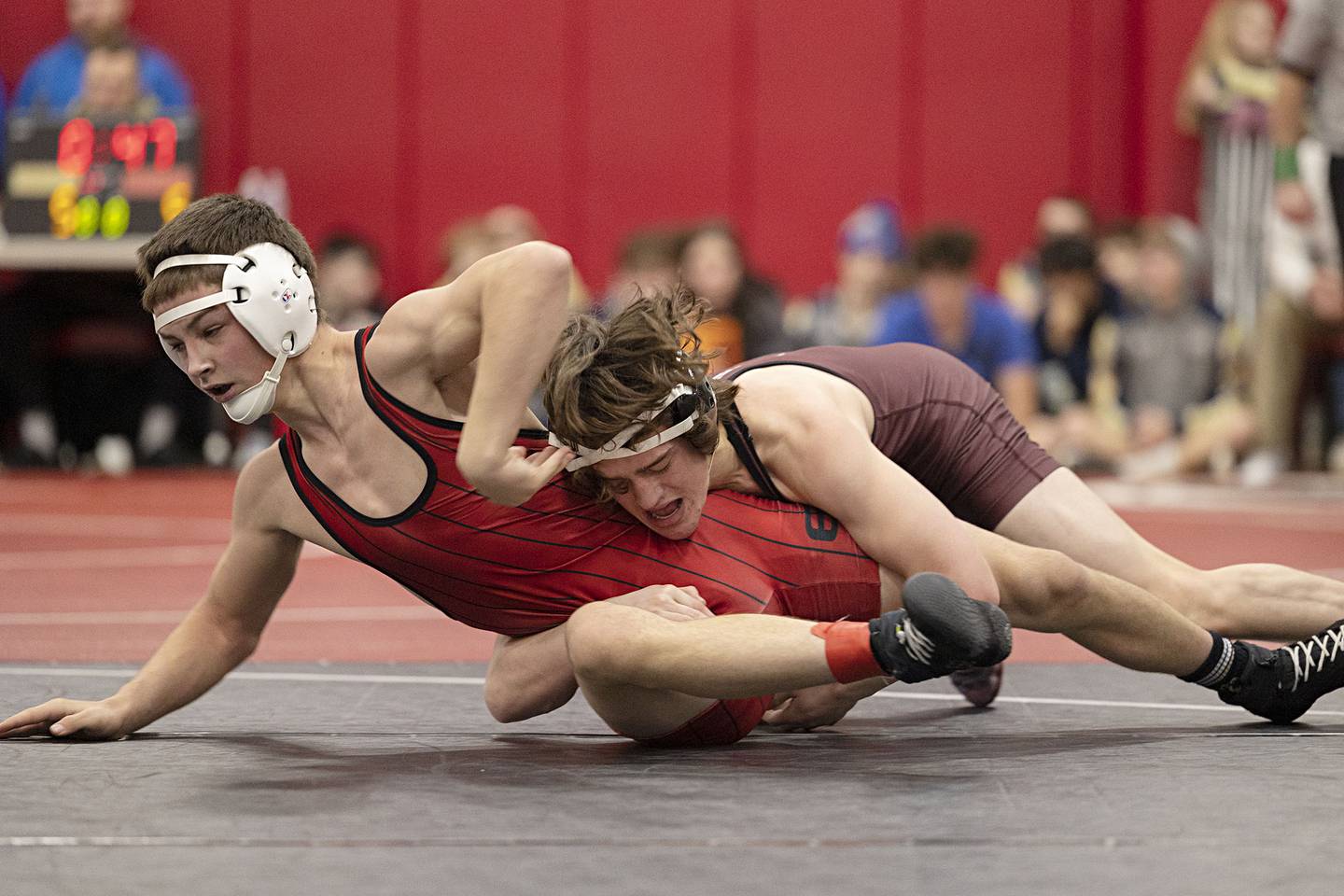 Wyatt Goossens (left) of Erie and Rockridge’s Jude Finch square off in the 126 pound title match Saturday, Dec. 17, 2022 at the Erie-Prophetstown Holiday Tournament.