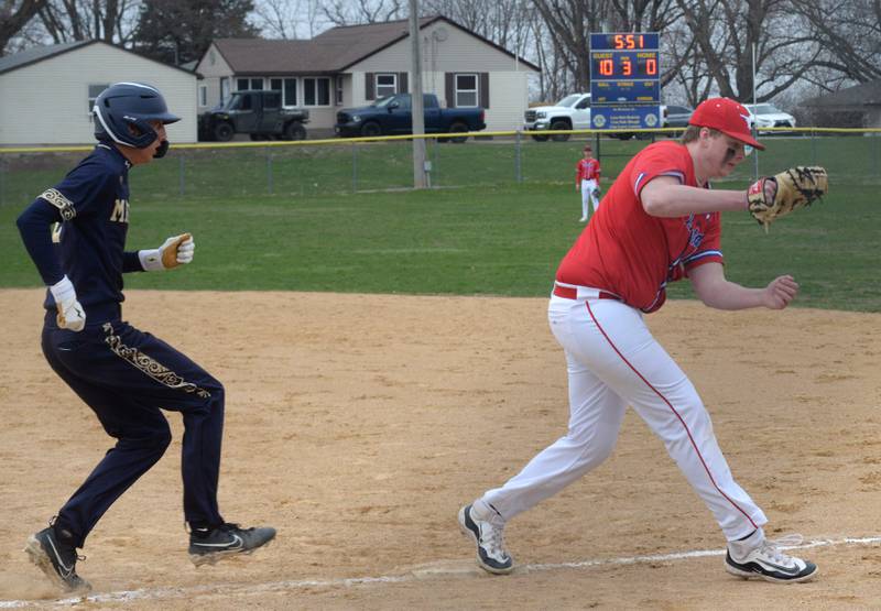 Morrison first baseman Tyler Peters hangs on to a throw for an out during a Thursday, April 10, 2025 game in Polo.