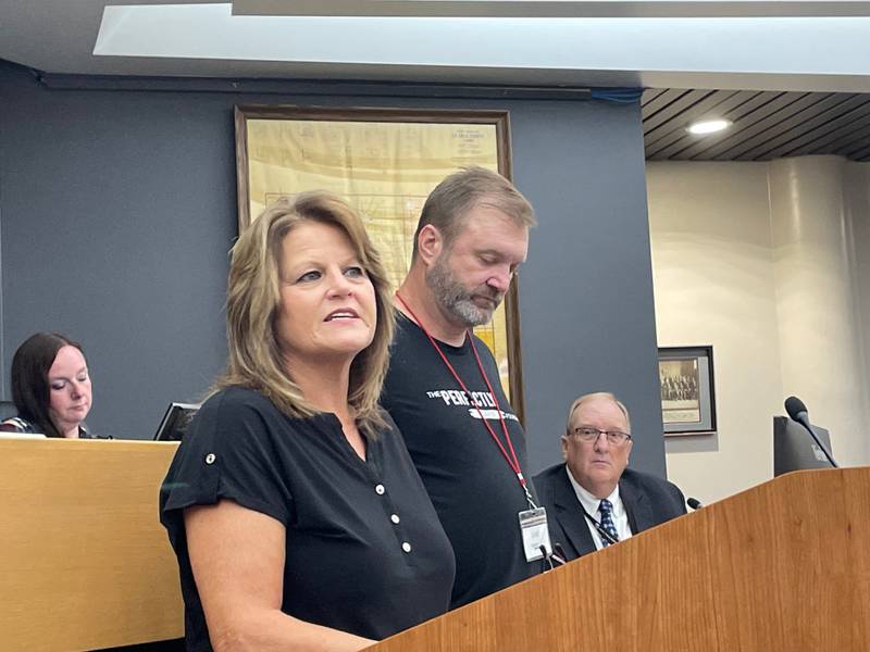 Overdose deaths are down, but have room for improvement. Lori Brown (left), founder of Buddy’s Purpose, and Luke Tomsha, executive director of the Perfectly Flawed Foundation, address the La Salle County Board on Thursday, Aug. 8, 2024, on the progress made to save more lives.