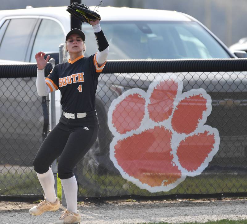 Wheaton Warrenville South’s Abby Mease makes a putout near the center field fence during a game against Oswego on April 10, 2025 at Wheaton Warrenville South High School in Wheaton.