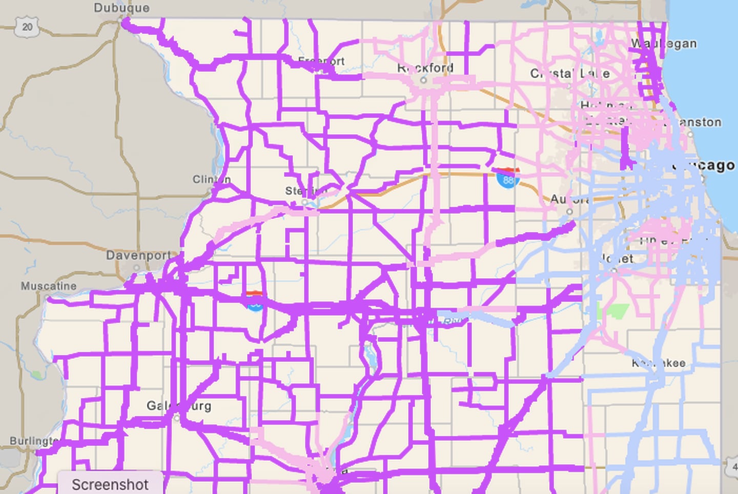 Illinois Department of Transportation winter road condition map shows that most roads in northern Illinois were either partially or completely snow covered by sunset on Saturday from a winter storm.