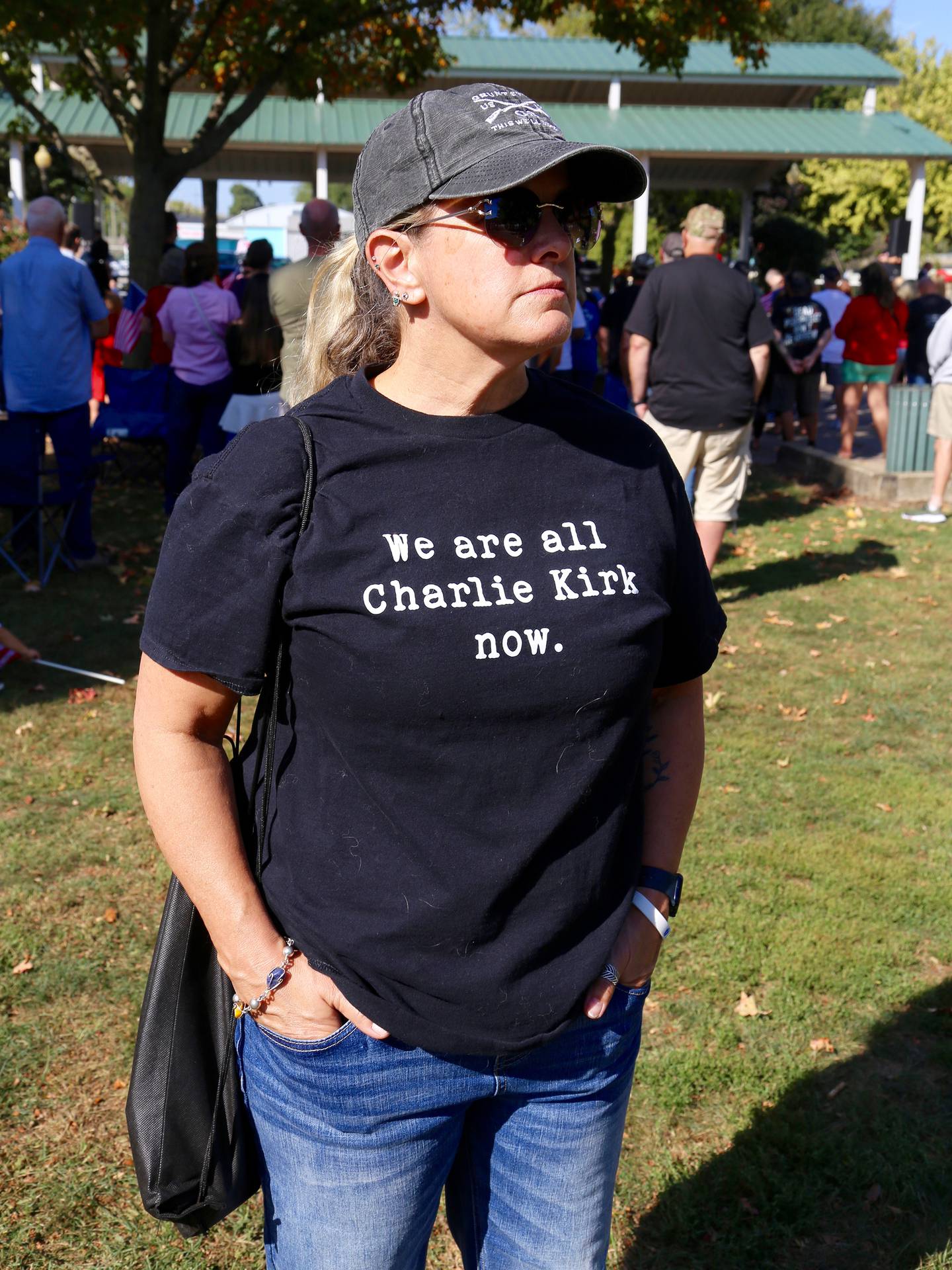 Michele Pfaff of Sandwich wears a Charlie Kirk T-shirt at the Protect the First Rally in Yorkville on Saturday, Sep. 27, 2025.