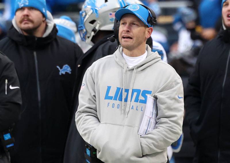Detroit Lions offensive coordinator Ben Johnson talks into his headset during their game against the Chicago Bears Sunday, Dec. 22, 2024, at Soldier Field in Chicago.