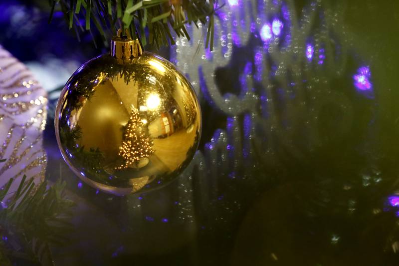 A Christmas tree is reflected in the ornament installed on another tree on Thursday, Nov. 21, 2024.