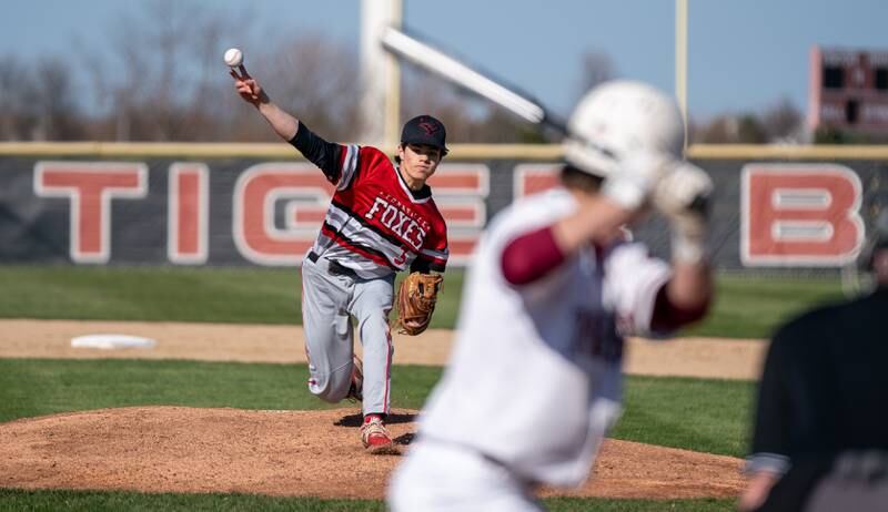 Yorkville's Gavin Dobbels (3) delivers a pitch against Plainfield North during a baseball game at Plainfield North High School on Thursday, April 21, 2022.