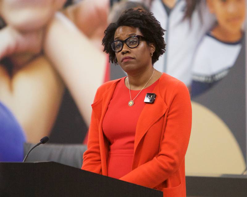 U.S. Rep. Lauren Underwood, D-Naperville, listens to a question from an audience member during a town hall at East Aurora School District 131 on Saturday, Aug.9, 2025, in Aurora.