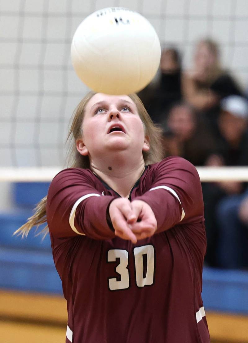 Marengo's Addie Johnson bumps the ball Thursday, Oct. 27, 2022, during their Class 2A Regional final match against Genoa-Kingston at Rosary High School in Aurora.