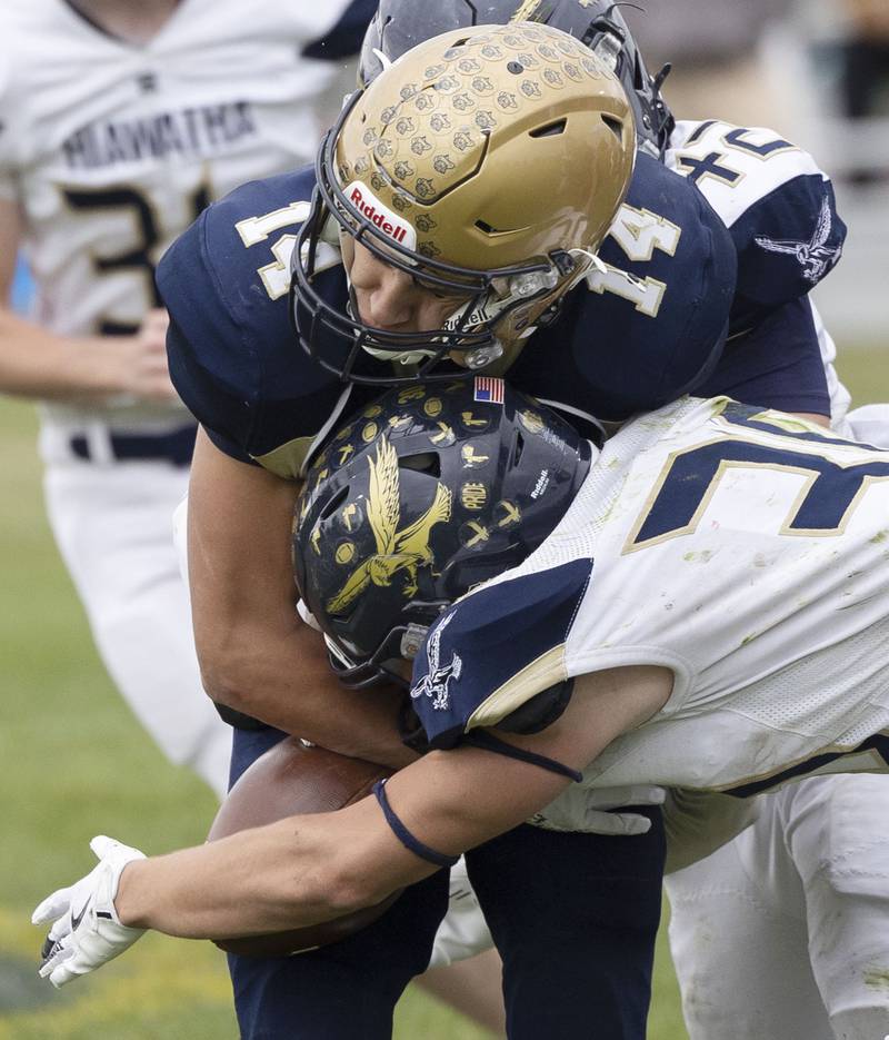 Polo’s Jordan Reed loses the ball against Hiawatha Saturday, Nov. 1, 2025, in the 8-man football playoff quarterfinals.