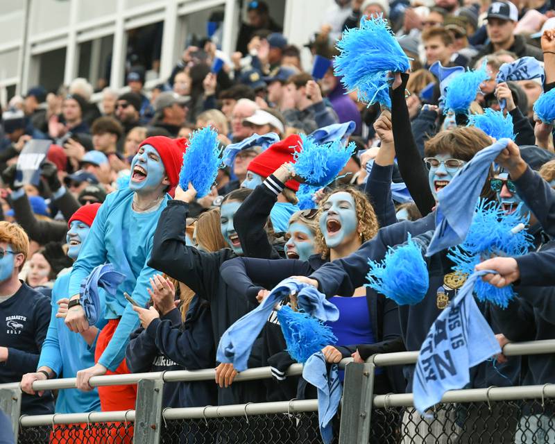 Nazareth Academy fans celebrate a Nazareth Academy touchdown during the 6A semifinals game while taking on Fenwick on Saturday Nov. 22, 2025, held at Nazareth Academy High School in La Grange Park.