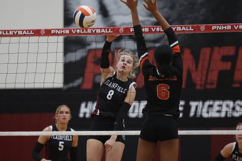 Plainfield North’s Sydney Pavlik hits a shot against Plainfield East on Tuesday, Oct. 10, 2023 in Plainfield.