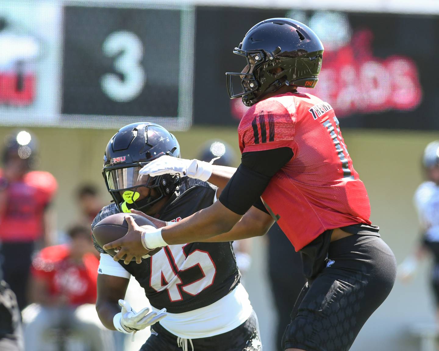 Northern Illinois University's quarterback Jalen Macon (14) hands the ball off to running back and teammate Telly Johnson Jr. (45) during the spring football scrimmage game held on Saturday, April 25, 2026, held at Huskie Stadium in DeKalb.