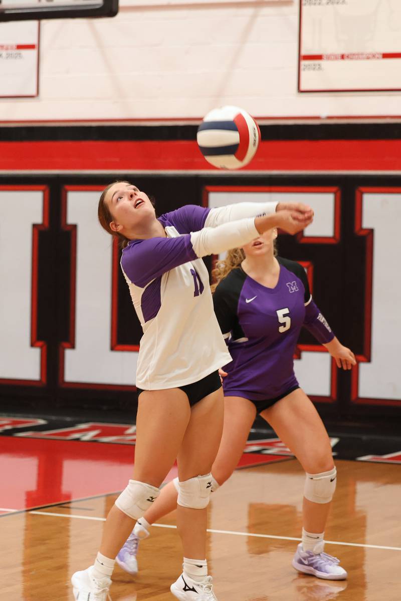 Manteno's Morgan Derrico volleys the ball during the Panthers' victory in three sets, 25-21, 23-25, 25-17, over Bradley-Bourbonnais on Monday, Sept. 15, 2025.