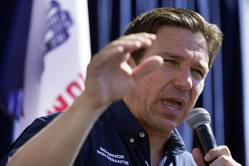 FILE - Republican presidential candidate Florida Gov. Ron DeSantis speaks during a Fair-Side Chat at the Iowa State Fair, Aug. 12, 2023, in Des Moines, Iowa. DeSantis said Saturday, Aug 26, 2023, in a post on the social media site X, formerly known as Twitter, that he has directed state emergency officials begin preparations for a storm.  (AP Photo/Jeff Roberson, File)