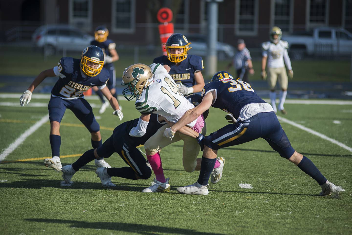 St Patrick's Mike Brosnan hauls in a catch against Sterling on Saturday, Oct. 30, 2021.