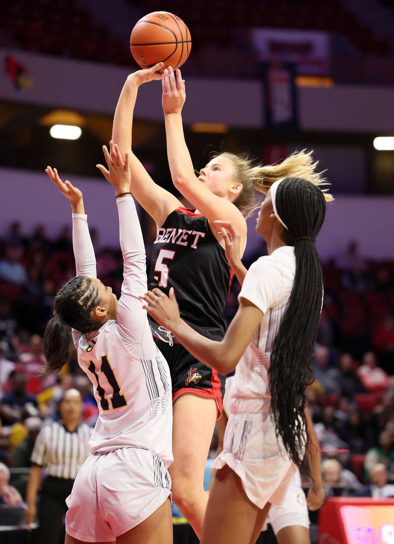 Benet Academy's Lenee Beaumont (5) shoots over O'Fallon's Malia Robertson (11) during the IHSA Class 4A girls basketball championship game at the CEFCU Arena on the campus of Illinois State University Saturday March 4, 2023 in Normal.
