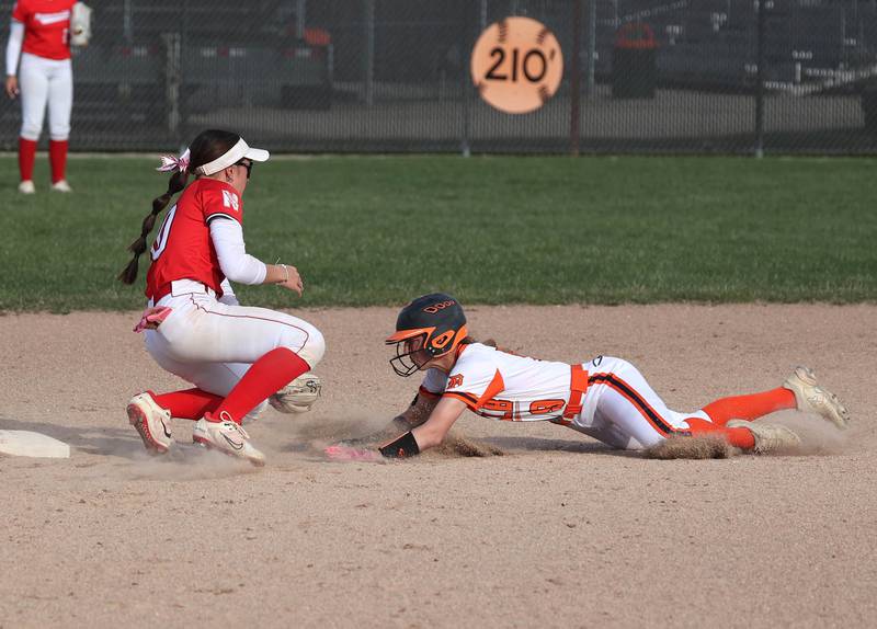 DeKalb's Ayla Baty-Gould is tagged out trying to steal by Naperville Central's Natalie Lau Wednesday, April 16, 2025, during their game at DeKalb High School.