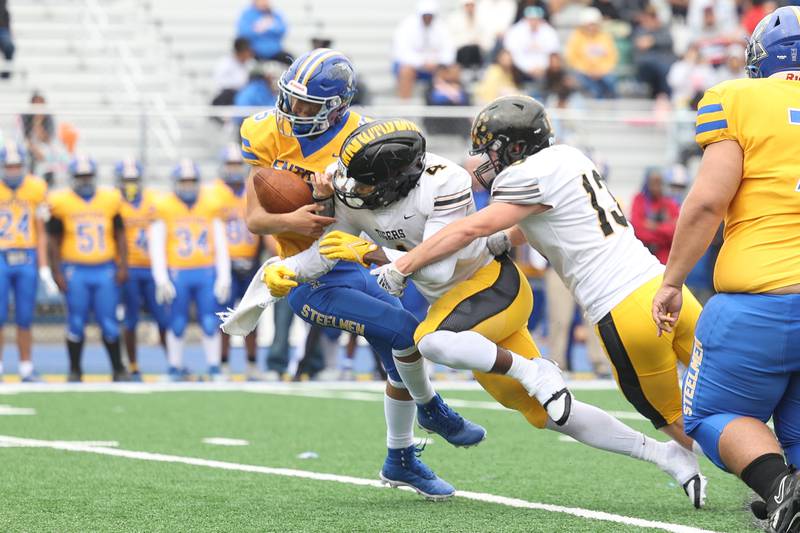 Joliet West’s Micah McNair sacks Joliet Central’s Caleb Christos on Saturday, Sept. 28, 2024 in Joliet.