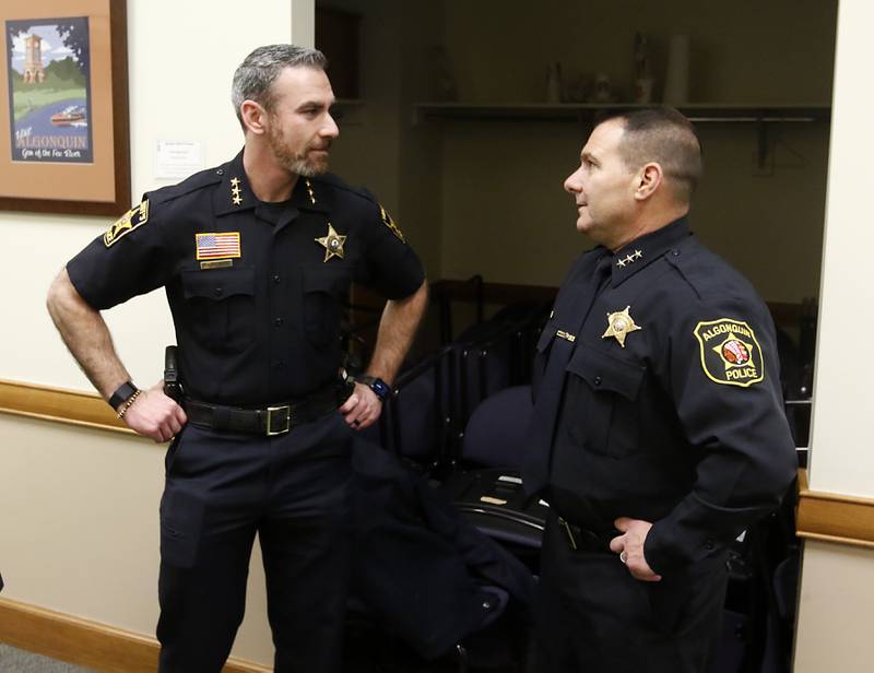 McHenry County Sheriff Robb Tadelman talks with Algonquin Police Chief John Bucci Wednesday, Dec. 7, 2022, before speaking to a class in the Ted Spella Leadership School at the Algonquin Village Hall, 2200 Harnish Drive, in Algonquin.