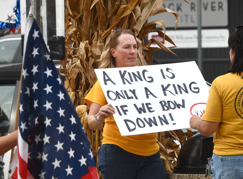 There were a variety of signs carried by demonstrators on Saturday, Oct. 18, 2025 at the No Kings rally on the Ogle County Courthouse square in Oregon, Illinois to protest actions and decisions by President Donald Trump and his administration.