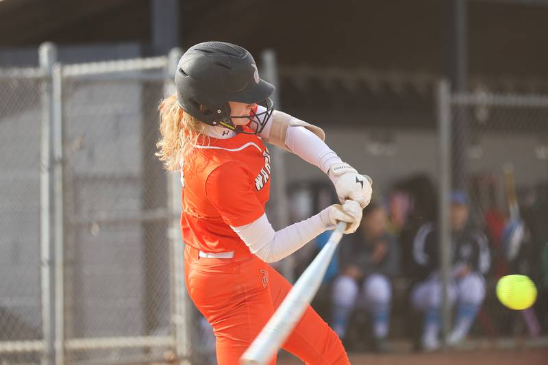Lincoln-Way West’s Reese Forsythe connects against Plainfield South on Tuesday, March 24, 2026 in Plainfield.