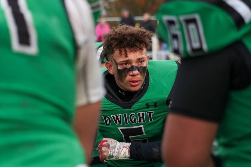 Caiden Nelson of Dwight/Gardner-South Wilmington sheds tears after loss to Farmington on Saturday, November 16, 2024 at Dwight High School in Dwight.