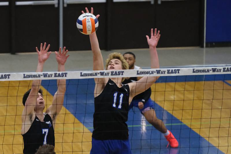 Lincoln-Way East’s Jordan Hicks blocks a shot against Lockport in the Lincoln-Way East Tournament 3rd place match. Saturday, April 30, 2022, in Frankfort.