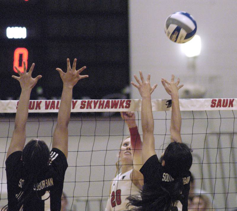 SVCC player Lacey Eissens gets the ball past two SSC defenders. Sauk Valley College beat South Suburban College in three sets Wednesday, November 6, 2024 at Sauk Valley Community College.