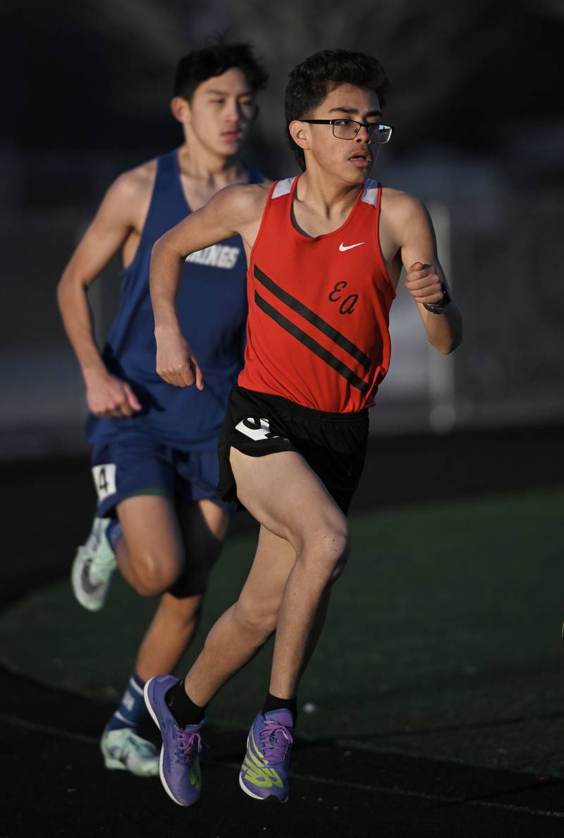 Aurora East’s Omar Juarez runs the 1,600-meter run at the Les Hodge Boys Track and Field Invitational at Batavia High School on Friday, April 5, 2024.